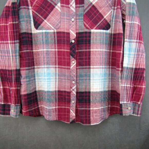 Eddie Bauer Red Blue Plaid Crinkle Button Up Top Womens Size XL Classic Fit - Picture 3 of 7